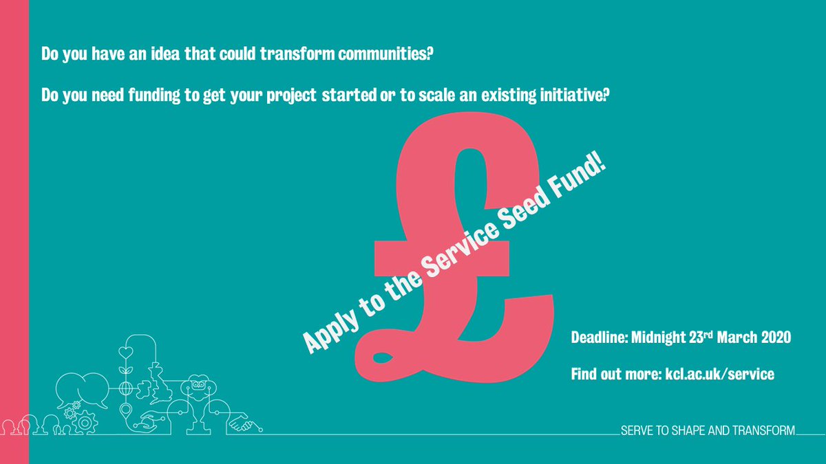 Do you have an idea that could help transform communities? Do you need funding to get your project started or to scale an existing initiative?
 
Apply to the Service Seed Fund before midnight on 23rd March 2020: bit.ly/2TgHM0b 

#ServiceAtKings #ListenShapeTransform