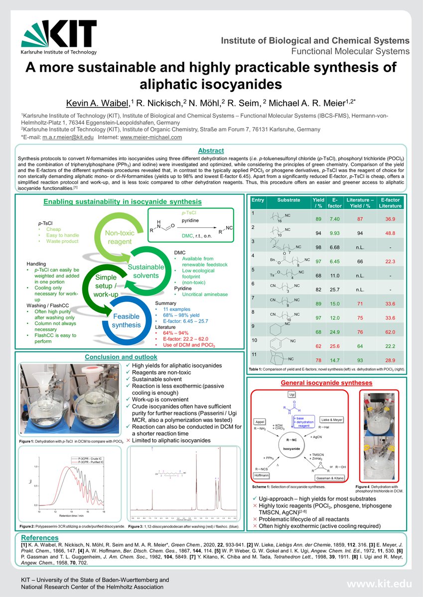 K__Waibel's tweet photo. Ready to attend to my first #RSCPoster Twitter Conference.
Isocyanides are a keykomponent in MCRs. 
Have a look at:
A more sustainable and highly practicable synthesis for isocyanides
#rscenv #rscmat #rscorg @AK_Meier 
Sustainability is inevitable for future development! https://t.co/smDsg6J3J0