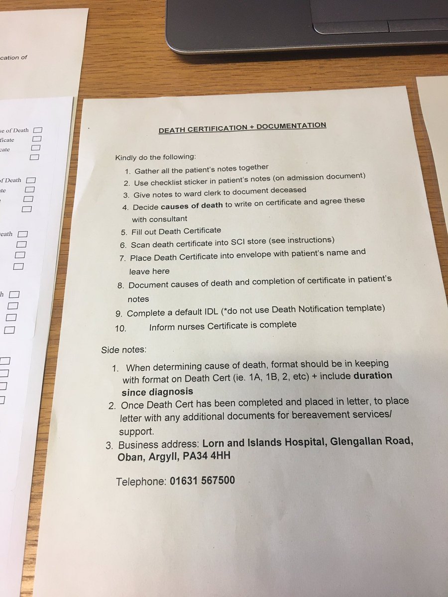 doctorcaldwell's tweet photo. Standard Operating Procedure at #Oban Hospital for Doctors issuing the Death Certificate and scanning into #SCIStore and #Checklist for task completion @NHSHighland @docpaulmiller @OpsProf https://t.co/aoJX1b8wMV