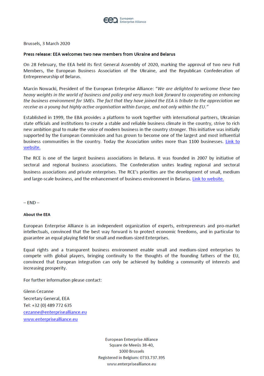 EEA_Brussels's tweet photo. The EEA warmly welcomes two new Members: The Republican Confederation of #Entrepreneurship of #Belarus @RCE2007, and the European #Business Association of the #Ukraine @EBA_Ukraine @MarcinWNowacki @GlennCezanne @ZPP_EU
https://t.co/7F8vxQuXi1 https://t.co/mWosR97oKg
