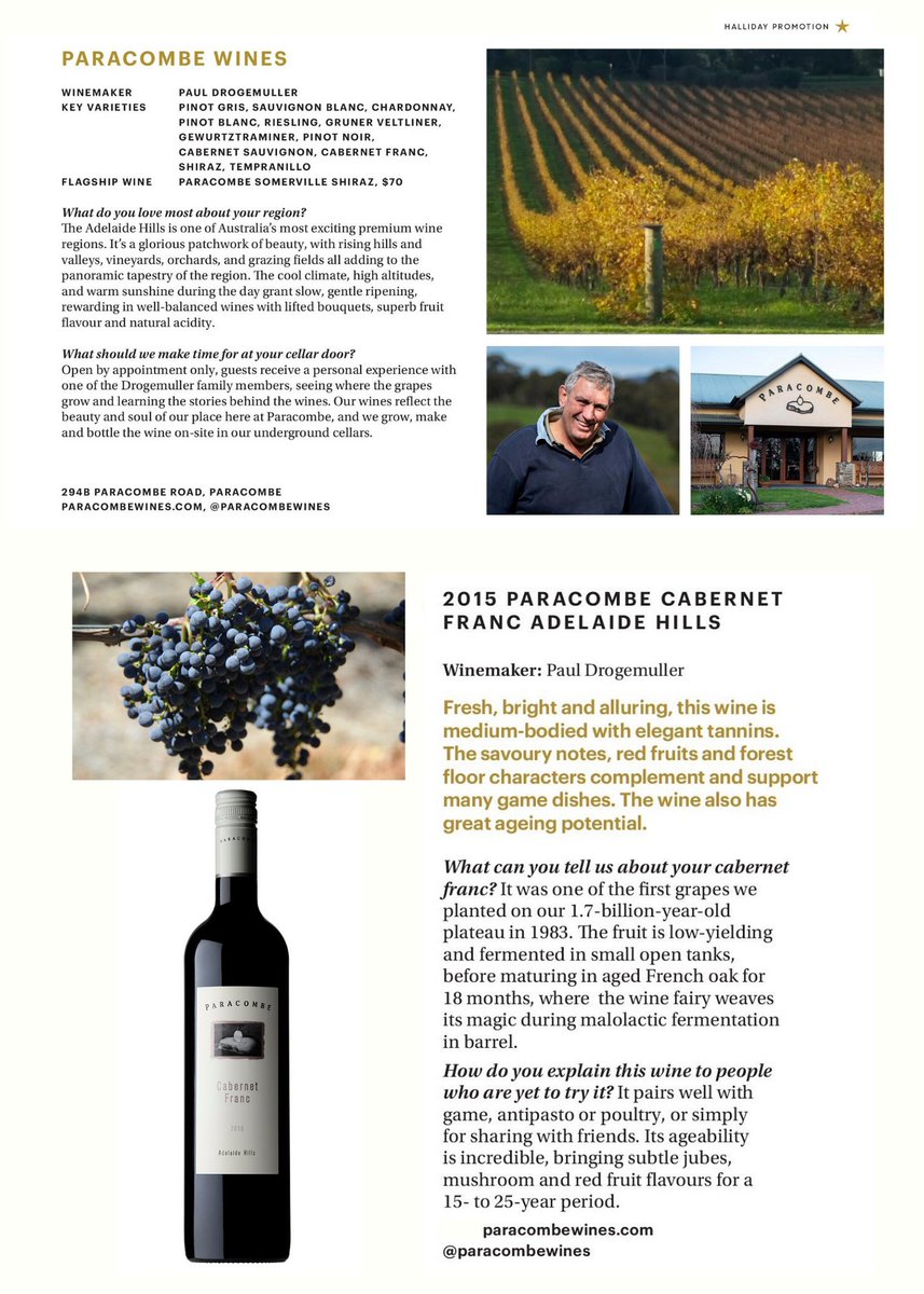 ParacombeWines's tweet photo. Great news - #paracombewines is in Halliday @winecompanion iconic 50th edition #adelaidehills  #southaust #wine region feature also our 2015 Cabernet Franc is included 🤩🍷 https://t.co/bo53oJoWSx