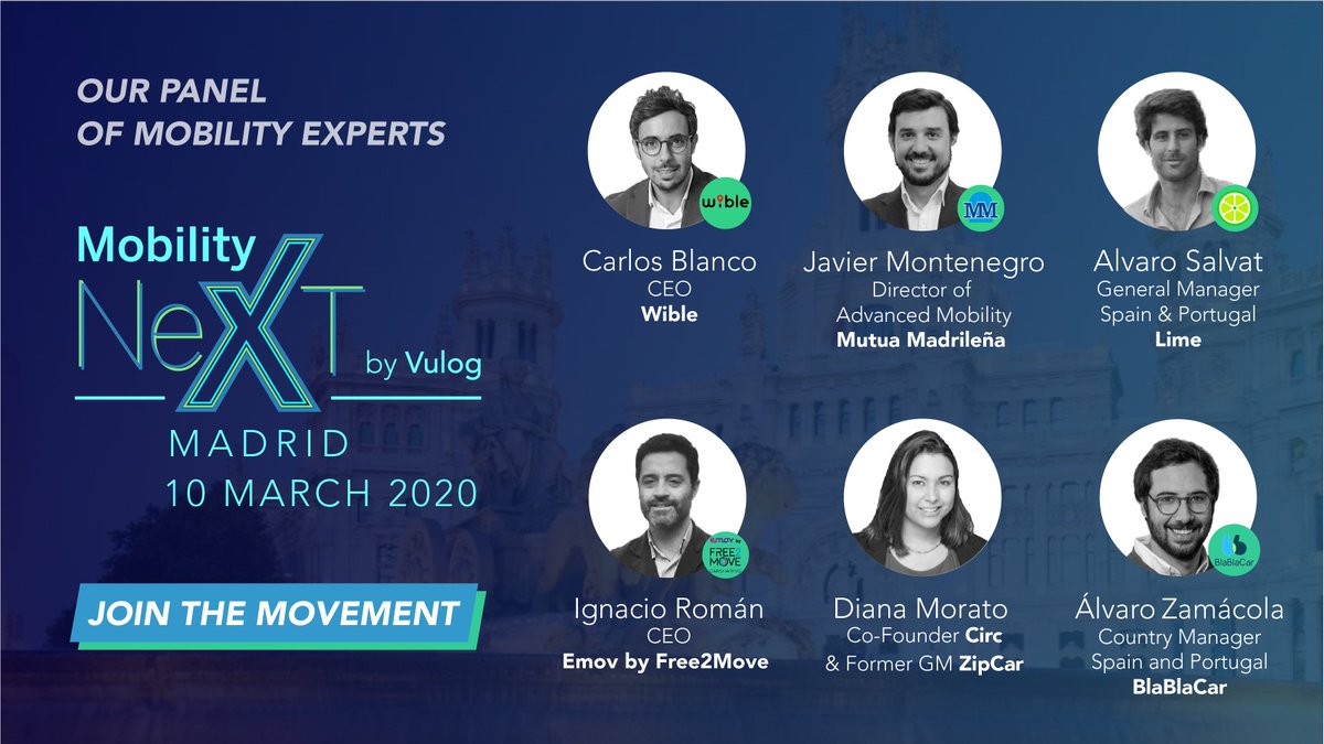VulogTech's tweet photo. We're only one week away from our #MobilityNeXT event in #Madrid and we cannot wait to welcome all our guests to hear from this impressive speaker lineup! @wible_esp @la_Mutua @limebike @free2move_es @blablacar_es #PoweringSharedMobility #Carsharing https://t.co/UcBzyDaZiN https://t.co/64Y59hLOm3