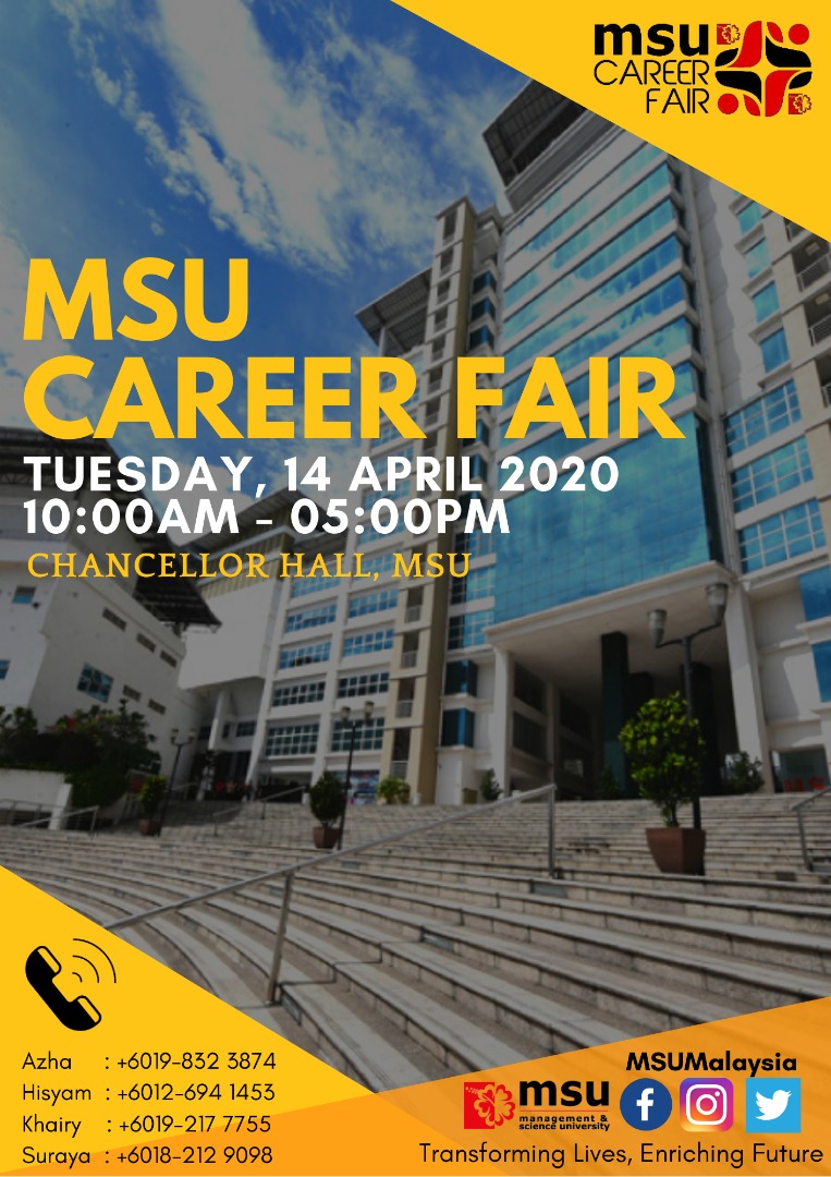 msuacademy's tweet photo. If there is a way to get a better opportunity.. Find it! MSU Career Fair is back! Come and join our annual recruitment event of the year! 70 participating industries.
14th April 2020, @MSUmalaysia
#go2msu🌺
#msucareerfair2020
#msucedec
#MSUMalaysia https://t.co/YAG64OdxLb