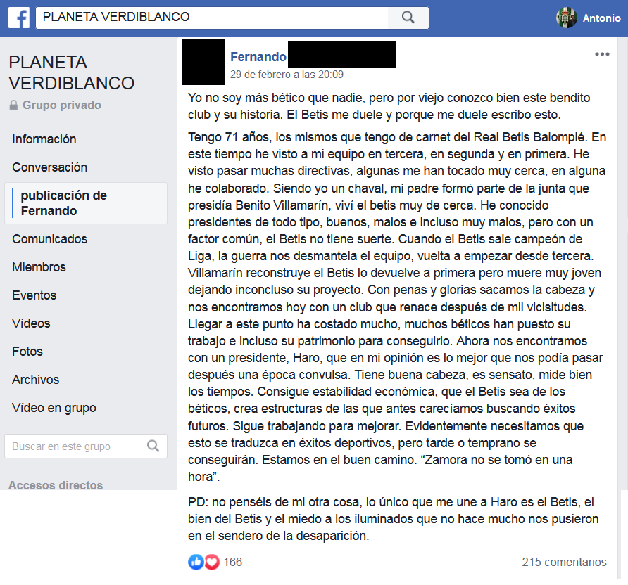 De lo mejorcito que he leido últimamente y ha sido en el grupo de Facebook de los amigos de @Planeverdi2019. Tapo por privacidad su nombre y foto porque creo que lo importante es lo que explica. 
"Sumar y dejarse de tantas crispaciones". Hablando se entiende la gente.
#MuchoBetis