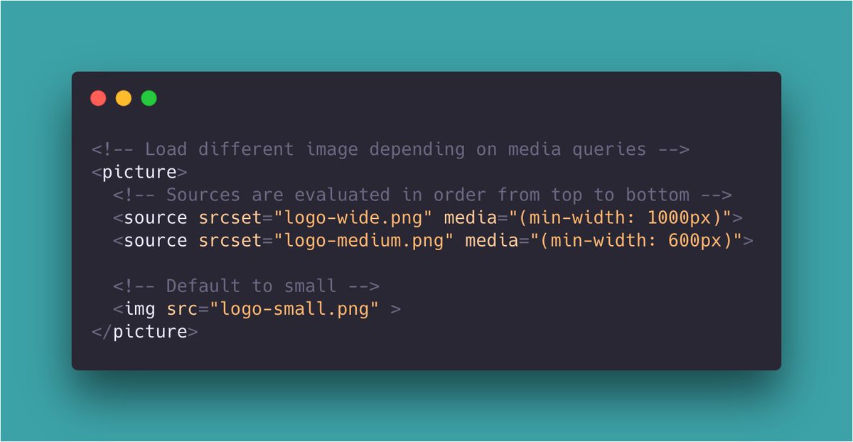 Duiker101's tweet image. We all know of the img tag in #html, but did you know that there is a Picture tag that will allow you to dynamically load images depending on media queries (like screen size)
#programming #100daysofcode