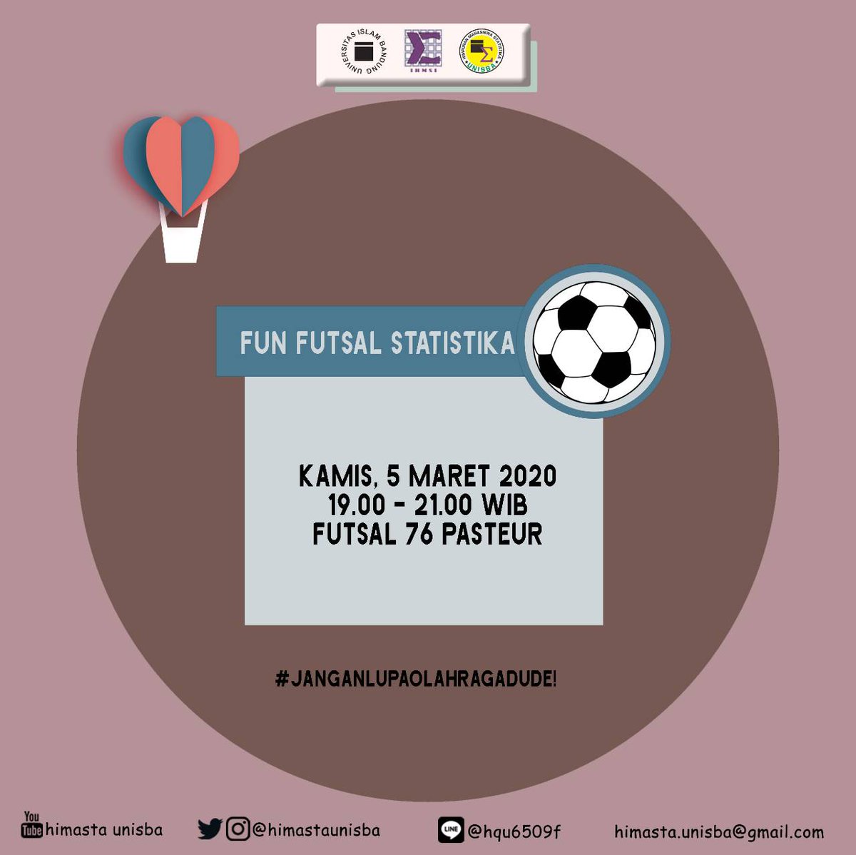 [INFO FUN SPORT]

FUN FUTSAL STATISTIKA

📆 Kamis, 5 Maret 2020
⌚ 19.00 - 21.00 WIB
🏠 Futsal 76,Pasteur

Ramaikannn!!!
#janganlupaolahragadude
 
____________
Hubungan Masyarakat Himasta Unisba

#StatistikaUnisba
#HimastaJaya
#SalamSigma