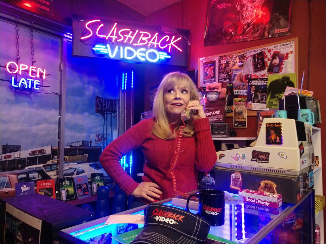Kellimaroney's tweet image. 1980s vintage video store, lovingly curated by @_RyanTurek  @SlashbackVideo at #thebeardedladymysticmuseum in Burbank. A real landline, #choppingmall on the marquee, a vhs of #nightofthecomet, every film you can think of cool exhibits—and new art. Not to be missed!