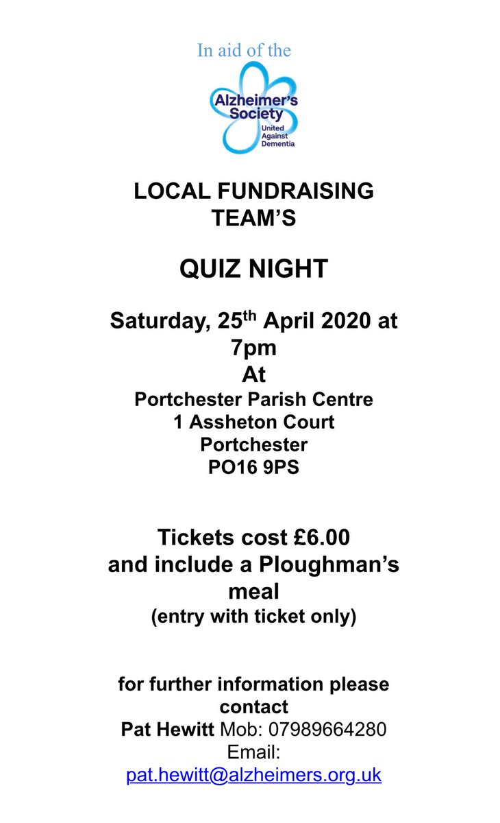 DementiaFG's tweet photo. Charity Quiz Night Time! 

Join us for another time of our fun evenings for a quiz and Ploughman’s in aid of Alzheimer’s Society 

#Charity #Quiz #Portchester https://t.co/rrZm88GPsQ