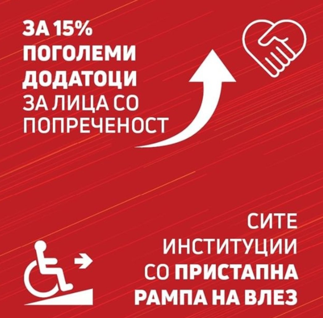 Градиме систем кој овозможува надминување на пречките и поквалитетен живот за лицата со попреченост.

Додатоците за сите права за попреченост ги зголемуваме за 15% во 2021 година и ја намалуваме границата за користење на правото за попреченост од 26 на 18 години.
#Програма2024