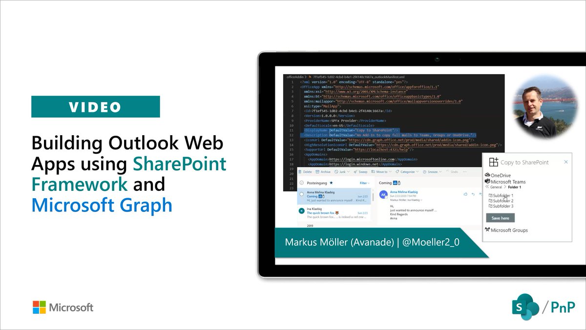vesajuvonen's tweet photo. Great #Microsoft365dev and #SharePoint community call demo by @Moeller2_0 on building #Outlook Web Apps using SharePoint Framework and #MicrosoftGraph https://t.co/s0JkKkcjj2 #SPFx https://t.co/6DvJlb5lL9