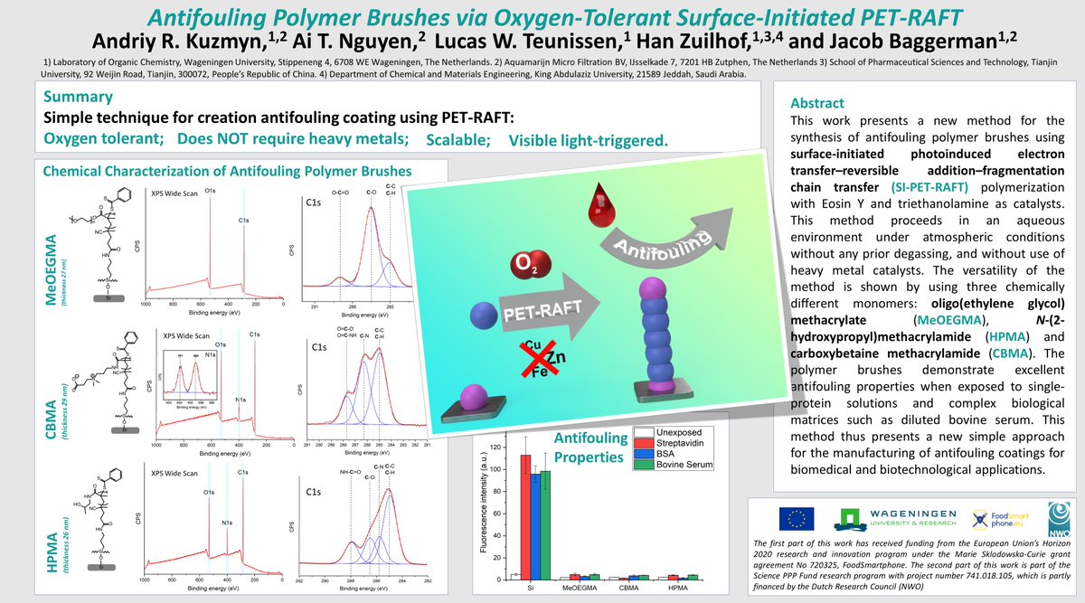 Andriy Kuzmyn (@andriykuzmyn) on Twitter photo Check out my poster for 2020 #RSCPoster Twitter Conference. This is simple approach for creation #antifouling #polymer #brushes in oxygen environment by visible light.
Feel free to comment retweet or ask questions.
Thanks to <a href="/FoodSmartphone/">FoodSmartphone</a> and <a href="/NWO_Science/">NWO Domain Science (Inactive)</a> for funding. Check out my poster for 2020 #RSCPoster Twitter Conference. This is simple approach for creation #antifouling #polymer #brushes in oxygen environment by visible light.
Feel free to comment retweet or ask questions.
Thanks to <a href="/FoodSmartphone/">FoodSmartphone</a> and <a href="/NWO_Science/">NWO Domain Science (Inactive)</a> for funding.