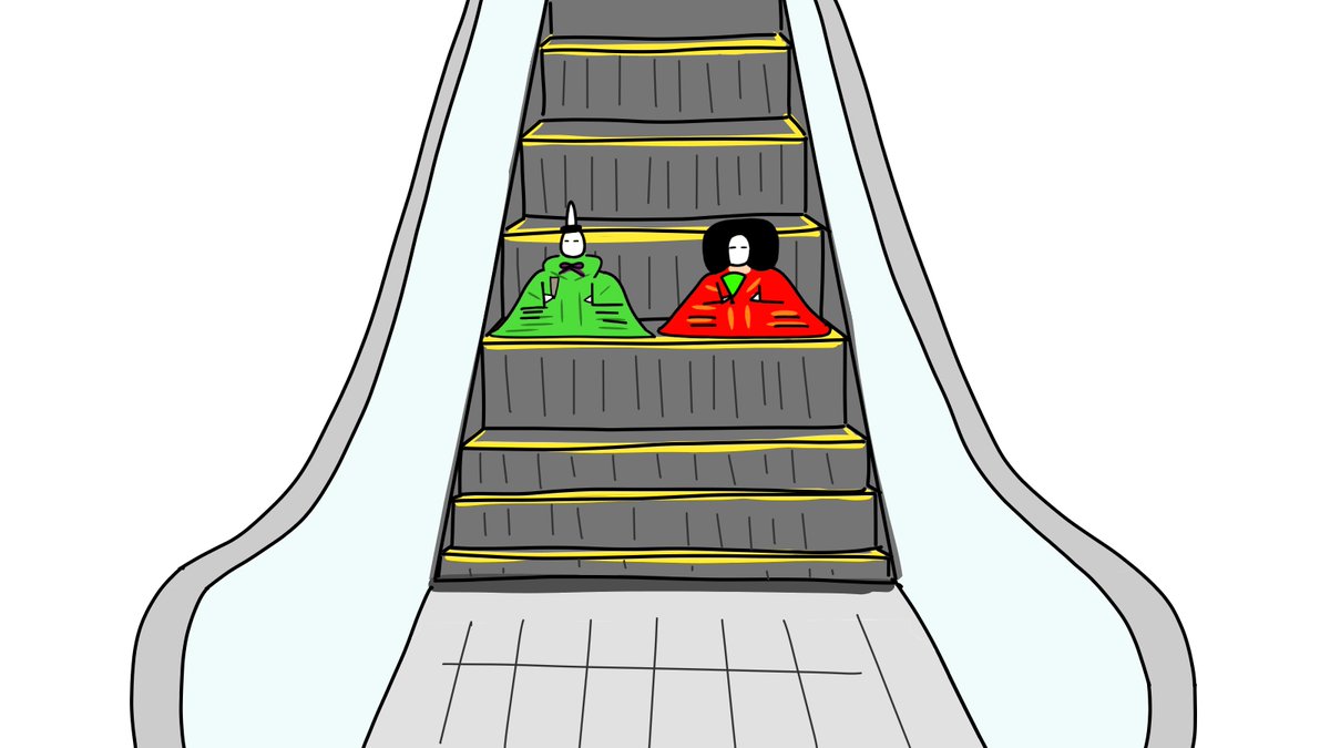 エスカレーターで降りてくるひな人形 ひな祭り ンバヂのイラスト エスカレーターで降りてくるひな人形 ひな祭り ンバヂのイラスト