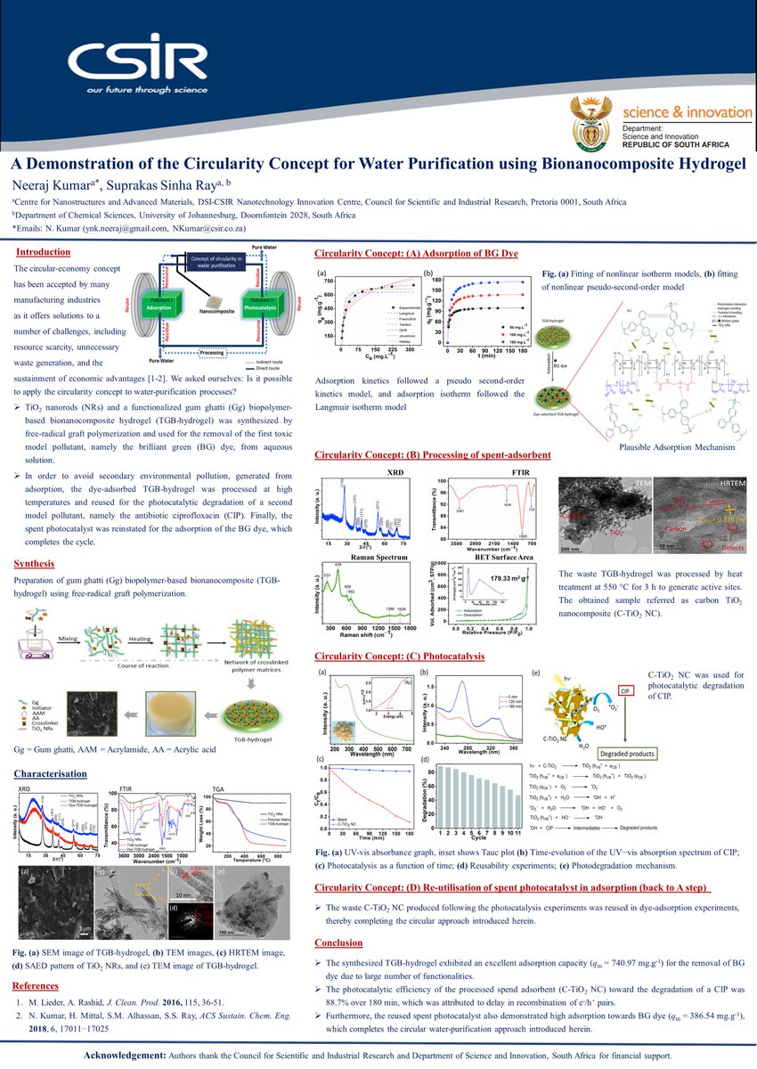 Neeraj Kumar (@neerajk021) on Twitter photo Here is my poster for #RSCPoster2020 Twitter Conference.
A Demonstration of the Circularity Concept for Water Purification using Bionanocomposite Hydrogel
#RSCPoster #RSCEnv #RSCMat #RSCNano #RSCCat 
A solution for environmental secondary waste.
We appreciate any feedback Here is my poster for #RSCPoster2020 Twitter Conference.
A Demonstration of the Circularity Concept for Water Purification using Bionanocomposite Hydrogel
#RSCPoster #RSCEnv #RSCMat #RSCNano #RSCCat 
A solution for environmental secondary waste.
We appreciate any feedback