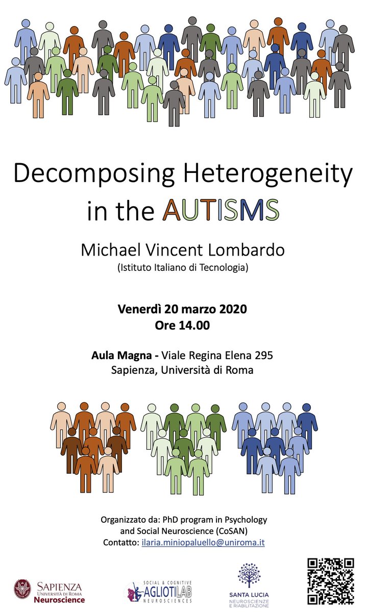 SCNL - AgliotiLab (@scnl_agliotilab) on Twitter photo Upcoming Seminar on March 20 - Michael Lombardo will give a talk on Heterogeneity in Autistic Spectrum DisorderS - Fascinating and important topic! So come and joint us in Aula Magna of <a href="/SapienzaRoma/">Sapienza Università di Roma</a> at 2pm <a href="/mvlombardo/">Michael Lombardo</a>
web.uniroma1.it/neuroscienzesa… Upcoming Seminar on March 20 - Michael Lombardo will give a talk on Heterogeneity in Autistic Spectrum DisorderS - Fascinating and important topic! So come and joint us in Aula Magna of <a href="/SapienzaRoma/">Sapienza Università di Roma</a> at 2pm <a href="/mvlombardo/">Michael Lombardo</a>
web.uniroma1.it/neuroscienzesa…