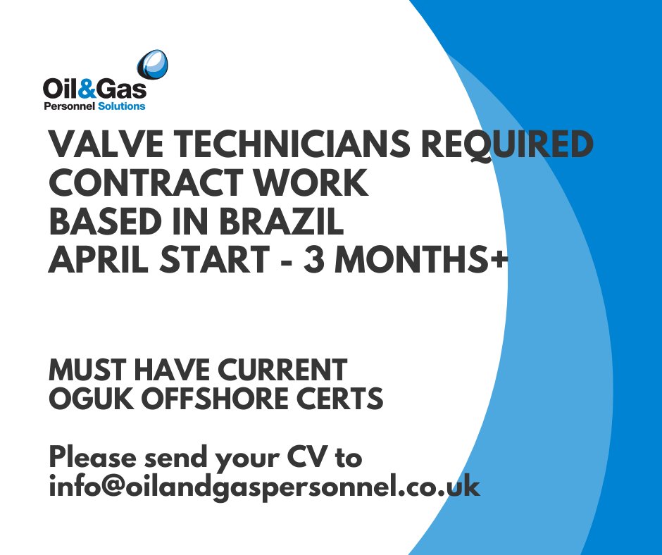💬  VALVE TECHNICIANS REQUIRED 💬
👉  Starting: April 2020
⏳  Duration: 3 months +
📍  Based: Brazil

Please submit your CV via bit.ly/CV-to-Oil-and-…  

If the above link isn't working you can also email to info@oilandgaspersonnel.co.uk
