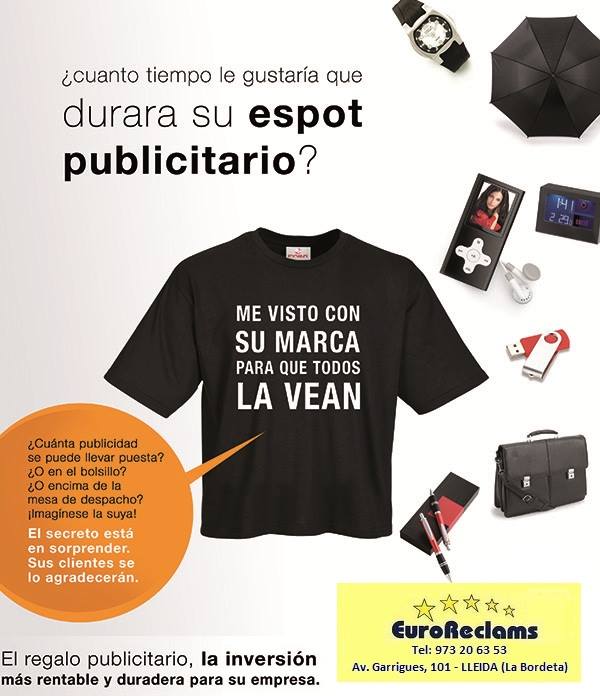 Pide tu presupuesto o consulta a comercial@euroreclams.com, también puedes llamar al 973 20 63 53 o visitarnos AV/ de les garrigues, 101 (Lleida).

Estaremos encantados de ayudarte!
euroreclams.com

#EuroReclams #ImpresionTodoColor #Serigrafia #Transfer #PublicidadEmpresa