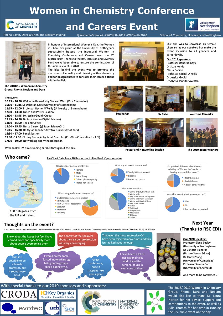 DaraOBrien6's tweet photo. For this year's #RSCPoster event I'm presenting a poster @RhonaSavin and I made about the 2019 Women in Chemistry conference @NottsChemistry! #WiCNotts2019 was held to mark #IWD2019, celebrating Women in Chemistry as well as highlighting issues of equality&amp; diversity #RSCEdu https://t.co/oUnTkD6ITY