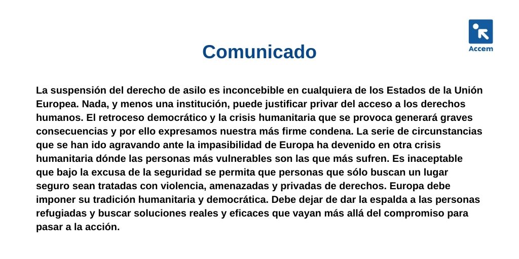Accem (@accem_ong) on Twitter photo Las personas refugiadas no pueden ser moneda de cambio. Es urgente habilitar #VíasLegaslesSegurasyREALES
Países como el nuestro pueden liderar respuestas colectivas en situaciones de emergencia sin que sea necesario el consenso de todos los miembros de la UE. Las personas refugiadas no pueden ser moneda de cambio. Es urgente habilitar #VíasLegaslesSegurasyREALES
Países como el nuestro pueden liderar respuestas colectivas en situaciones de emergencia sin que sea necesario el consenso de todos los miembros de la UE.