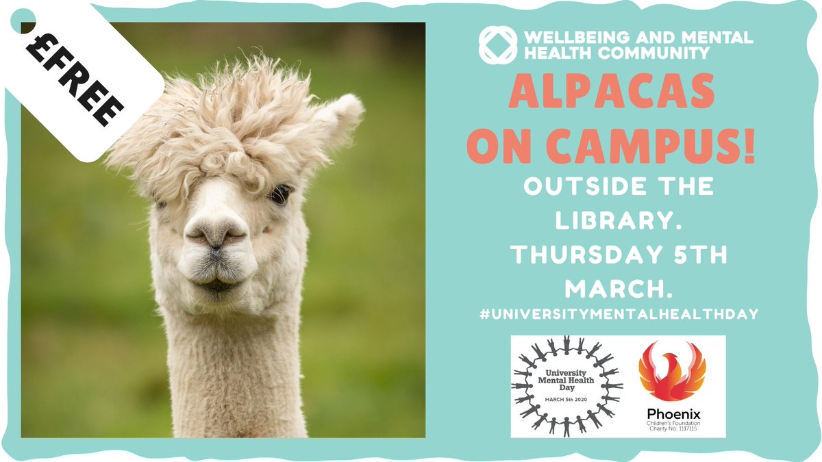 covcampus's tweet photo. As you head to @CovUniLibrary this Thursday be on the look out for some new faces visiting for #UniversityMentalHealthDay.
We're being joined by the amazing @PhoenixCCharity who'll be bringing their therapy ALPACAS ON CAMPUS!!!!
5th March 10:30 - 14:30.
#ThisIsCUSU @CUSU https://t.co/5rDEQFydAt