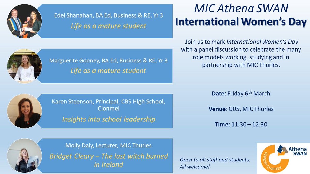 To mark International Women's Day this Sunday, @MICAthenaSWAN are hosting a public panel discussions at #MICThurles this Friday.

Join us as we celebrate some of the incredible women working & studying at #MIC. All welcome!

#InternationalWomensDay