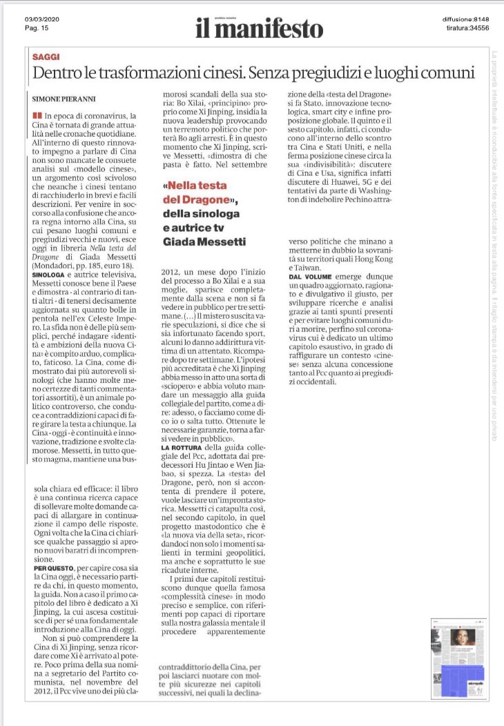 La prima recensione di #NellaTestaDelDragone è sul <a href="/ilmanifesto/">il manifesto</a> di oggi: “dal libro emerge un quadro aggiornato, ragionato e divulgativo il giusto, per sviluppare ricerche e analisi grazie ai tanti spunti presenti e per evitare luoghi comuni sulla #Cina duri a morire”.