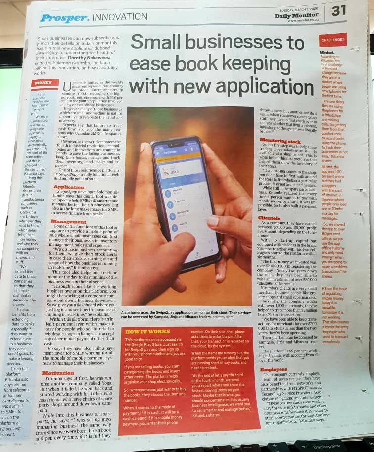 solomonalvink's tweet image. Today @swipe2pay  got featured in the @DailyMonitor, amazing validation for  the efforts the whole team puts in every simgle day to make the solution work for the merchants on our platform. #toolsForSmallBusinessToGrow #bigThingsStartSmall
