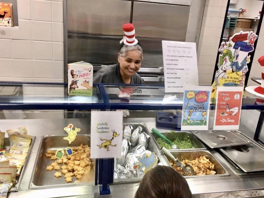 TexasSchoolFood's tweet photo. Serving up a fun Seuss-themed lunch! What a fun time at lunch. https://t.co/MyMcWfTVI8
