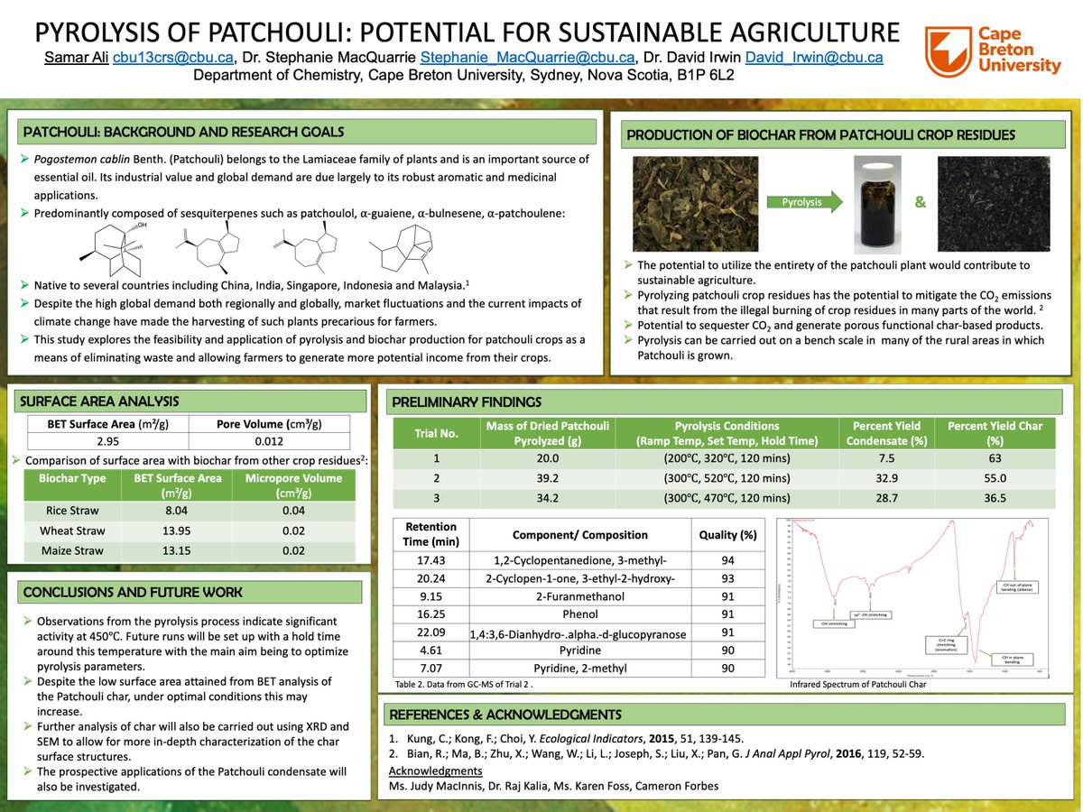 So excited to take part in my first #RSCPoster  Twitter Conference! This project focuses on pyrolysis of the patchouli plant as a means of sustainable agriculture. Looking forward to checking out all the amazing posters here! #RSCOrg