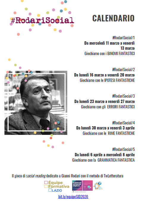 L'inizio di #RodariSocial si avvicina! Ecco il nostro calendario di lettura ispirato a "La grammatica della fantasia" di #Rodari : giocheremo con le parole, insieme a tantissime classi del Lazio (ma non solo)! 
Si comincia l'11 marzo: #passaparola! bit.ly/equipeSID2020