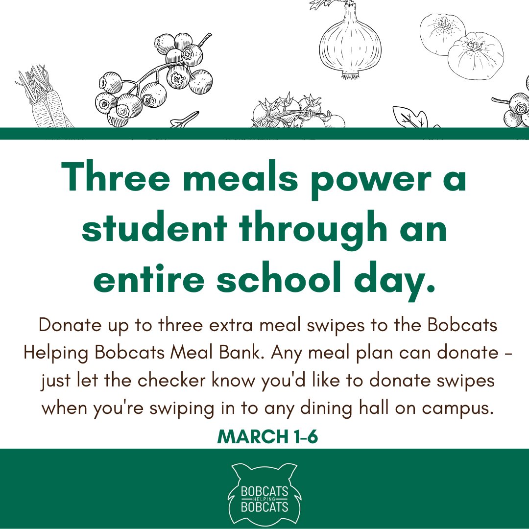 OHIOStuFinAid's tweet photo. Don't forget, you can donate up to three extra meal swipes this week to support your fellow Bobcats!
@ohiou @OHIOFoodPantry https://t.co/HEQGnSmiga