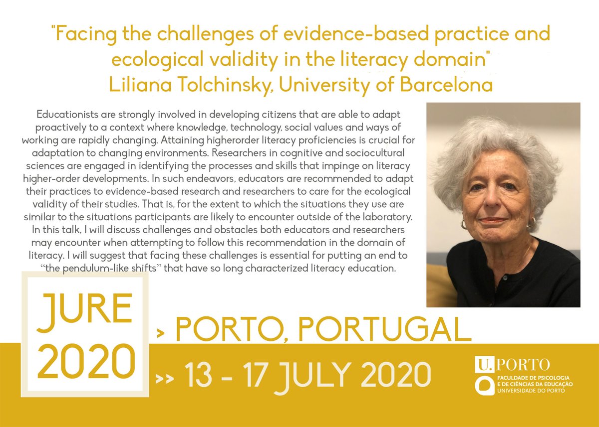 Meet Liliana Tolchinsky, who will deliver a keynote at #JURE2020 addressing "the challenges of evidence-based practice and ecological validity in the literacy domain"! Register now at bit.ly/JURE2020-REGIS… !