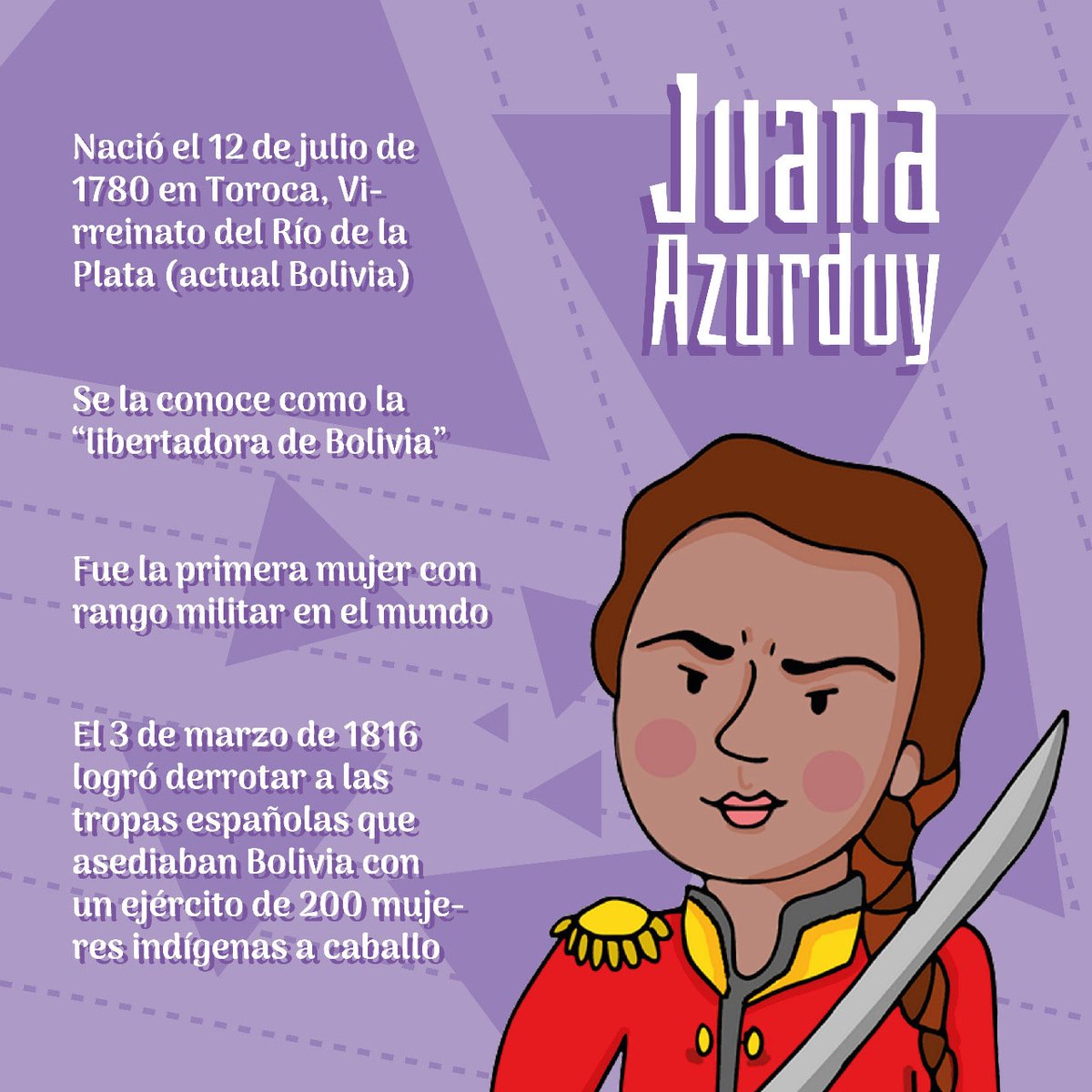 DemosSintonia's tweet photo. Un día como hoy pero en 1816 Juana Azurduy derrotó a las tropas españolas con un ejército de 200 mujeres 💜 https://t.co/baS511lPYr