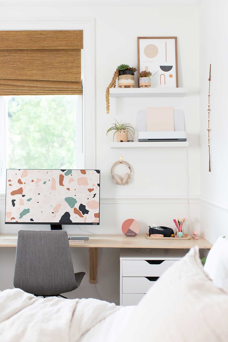 What started as a simple refresh turned into a full-blown makeover for Annie's room. Many pretty moments I can't wait for you to see, including a computer monitor that's HUGE yet airy &amp; a bluetooth speaker that doubles as a bedside table. Click for reveal! bit.ly/2TAE7Jy