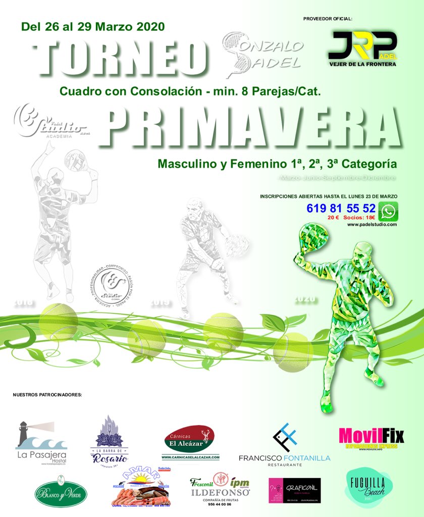 padelstudio's tweet photo. 🎾TORNEO PRIMAVERA 2020🎾#padel #conil #smile #padelstudio #gonzalopadel #congeladosamar #fuguillabeach #graficonil #frutasildefonso #carnicasalcazar #restauranteblancoyverde  #restaurantefranciscolafontanilla #hostallapasajera #labarraderosarioconil #movilfix #jrpadel #2020 https://t.co/MlwV4neAMu