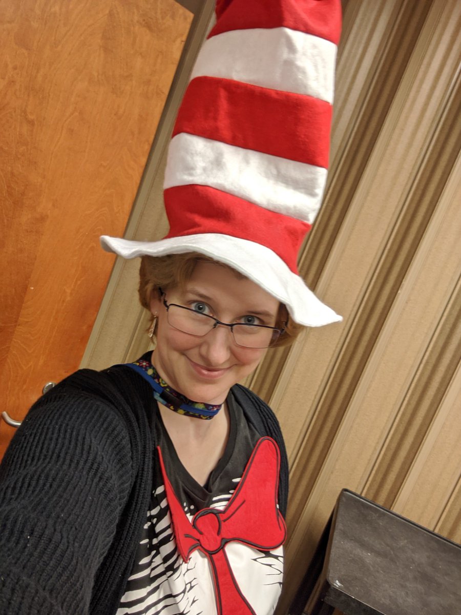 DLMediaCenter's tweet photo. Read Across America &amp; Dr. Seuss's birthday celebration!  Free stuff and cool costumes abound!  With special read aloud by our amazing admin, Mrs. Richardson!!!  @DLMediaCenter @DunleithES https://t.co/5EVRPHCP36