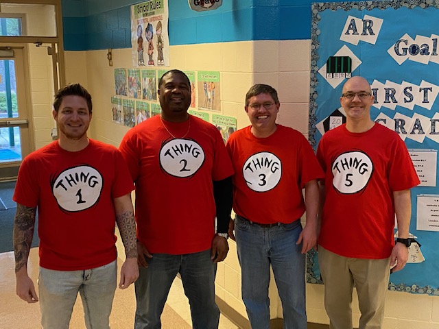 DLMediaCenter's tweet photo. Read Across America &amp; Dr. Seuss's birthday celebration!  Free stuff and cool costumes abound!  With special read aloud by our amazing admin, Mrs. Richardson!!!  @DLMediaCenter @DunleithES https://t.co/5EVRPHCP36