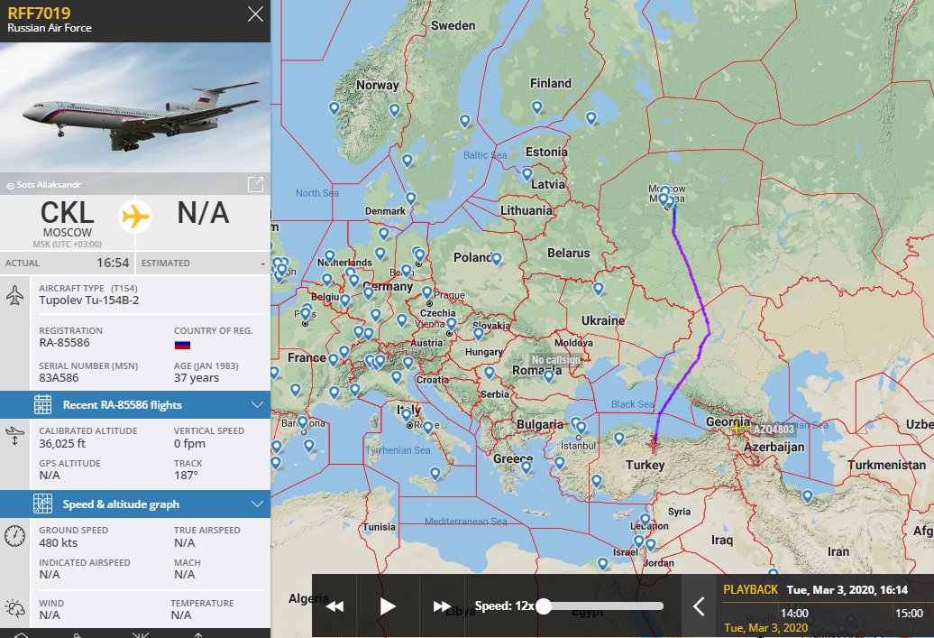 Gerjon_'s tweet photo. Despite developments in 🇸🇾#Syria, 🇷🇺Russian Air Force is still actively using 🇹🇷Turkish air space. Here's Tupolev Tu-154 RA-85536 #RFF7019 from Moscow, possibly to #Latakia/#Khmeimim Air Base. https://t.co/cA1CoDqBs4