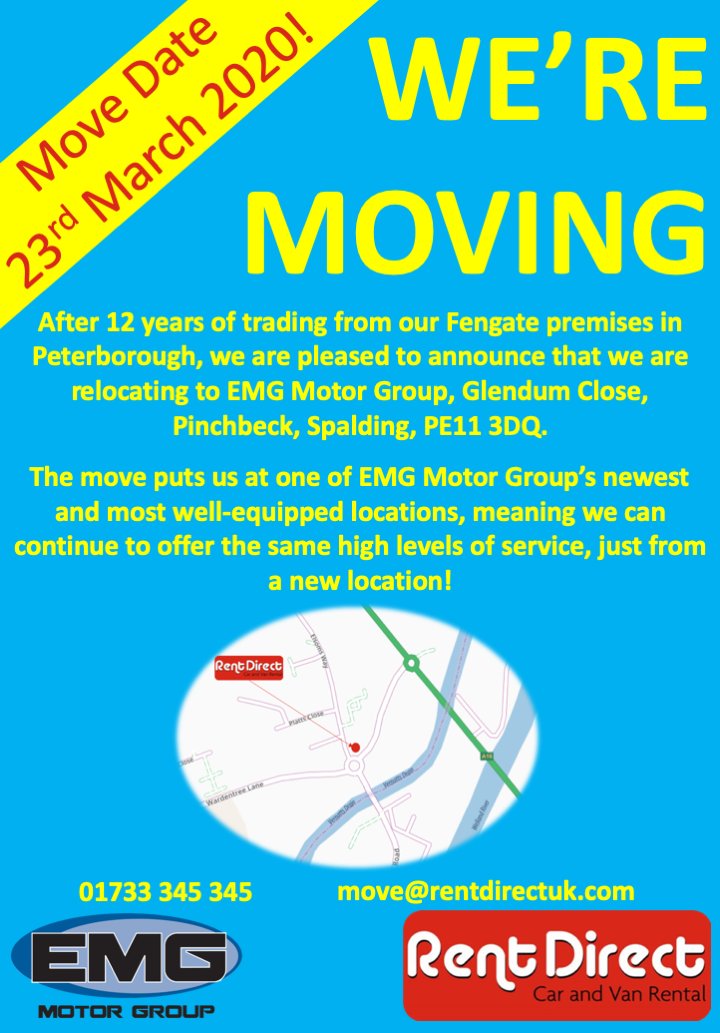 RentDirectUK's tweet photo. ❗We've got an important announcement to make!❗
From 23rd March 2020 our Peterborough office will be moving to one of EMG Motor Group's most well-equipped site in Pinchbeck, Spalding! 

For more info - 
☎️ 01733 345 345
✉️ move@rentdirectuk.com
🌐 https://t.co/9mHqEmetsS https://t.co/QPHmVw0m26