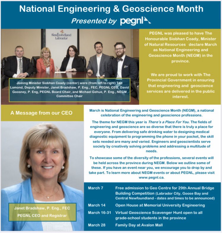 ModelBridgesNL's tweet photo. We were pleased to have Siobhan Coady , Minister of Natural Resources meet with us to declare March as National Engineering and Geoscience Month (NEGM) in the province. We have a fun , full schedule of events planned and hope you get a chance to join us ! https://t.co/kFl9gL79uh