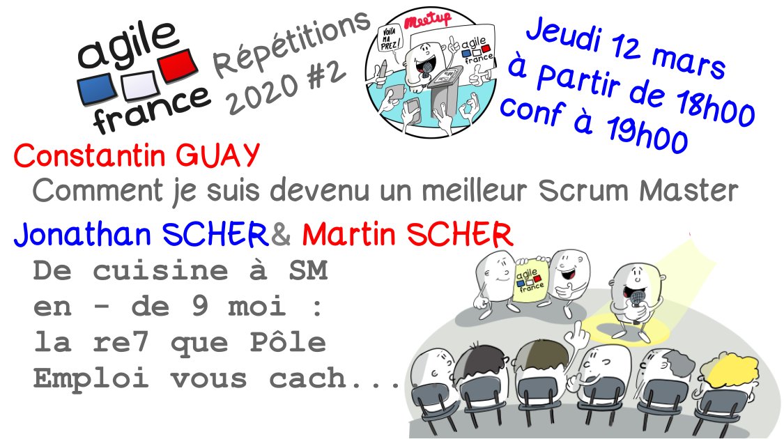 Ce super meetup en CinémaScope
🎞️Constantin GUAY <a href="/cog_g/">Constantin Guay</a>
« Comment je suis devenu un meilleur Scrum Master »
🎞️Jonathan SCHER <a href="/Jonathan_scher/">Jonathan Scher</a> &amp; Martin SCHER <a href="/martin_scher/">Martin SCHER</a>
« De cuisine à SM en - de 9 moi : la re7 que Pôle Emploi vous cach... »
meetu.ps/e/HP2bk/vtK8h/d