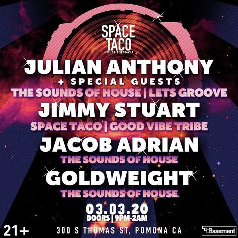 jimmystuart_'s tweet photo. Happy Tuesday fam, playing at @spacetacotues tonight w @djjuliananthony @_jaytee42 & #Goldweight gonna be a fun night, come join us. Free party, 9pm-2am. Let’s get groovy. https://t.co/RL72fuxRPk