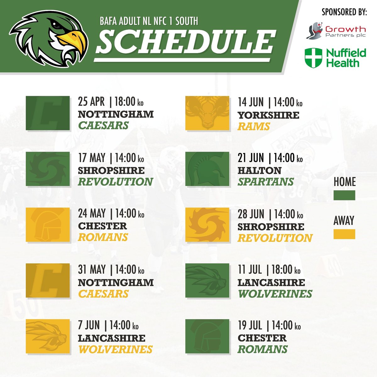 FalconsGridiron's tweet photo. Here's our Schedule for the 2020 Season in the NFC 1 South! 🏈

Home games are going to be played at our new ground - Leicester Forest East RFC, Kirby Muxloe, Leicester LE3 3PJ

Feel free to SHARE this schedule around, it's going to be an exciting year for the Falcons! 💪 https://t.co/Le2cdltAnZ