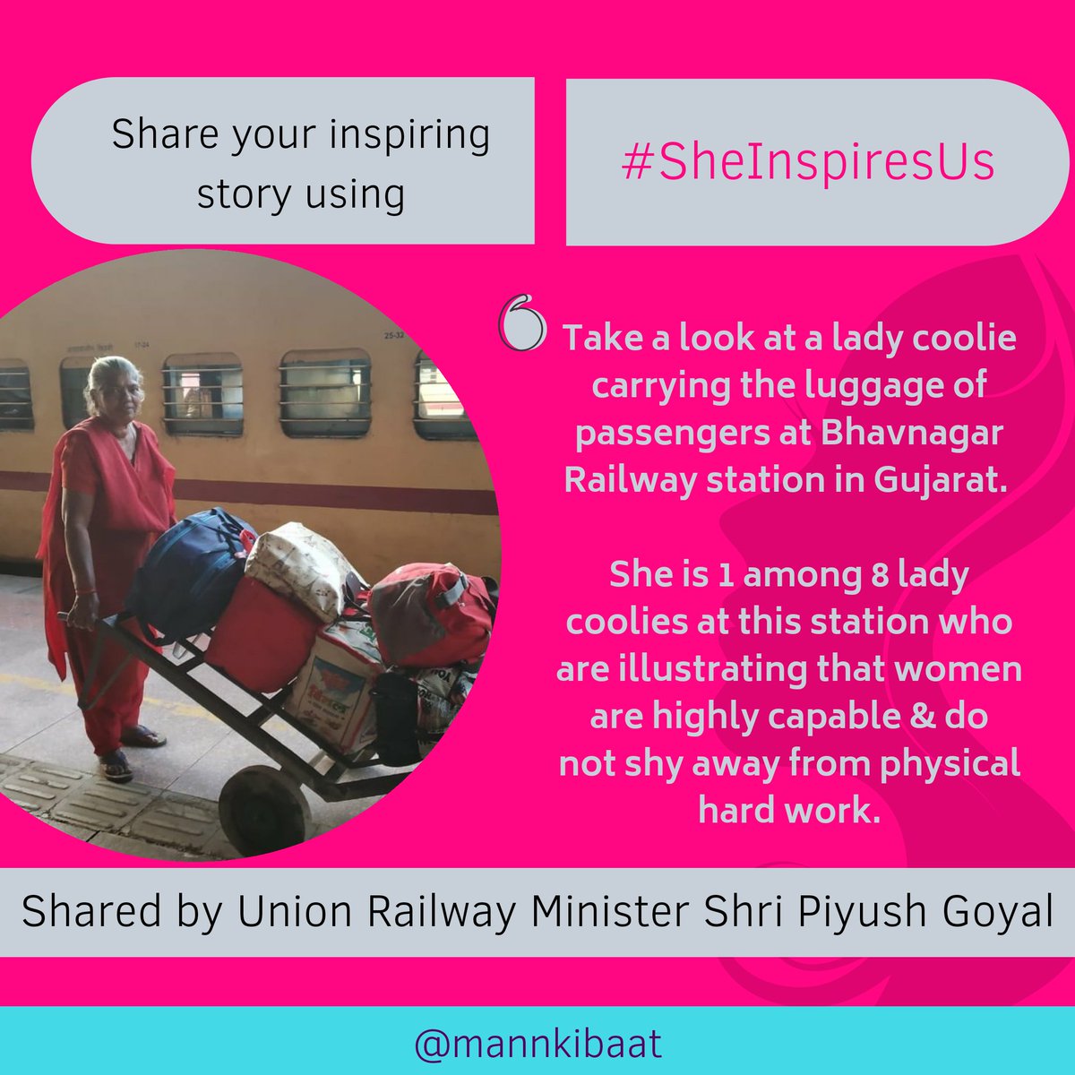 Mann Ki Baat Updates मन क ब त अपड ट स Pa Twitter Sheinspiresus Women Are Capable Of Anything Do Read The Post About The Hard Working Lady Coolie At Bhavnagar Railway Station Shared By