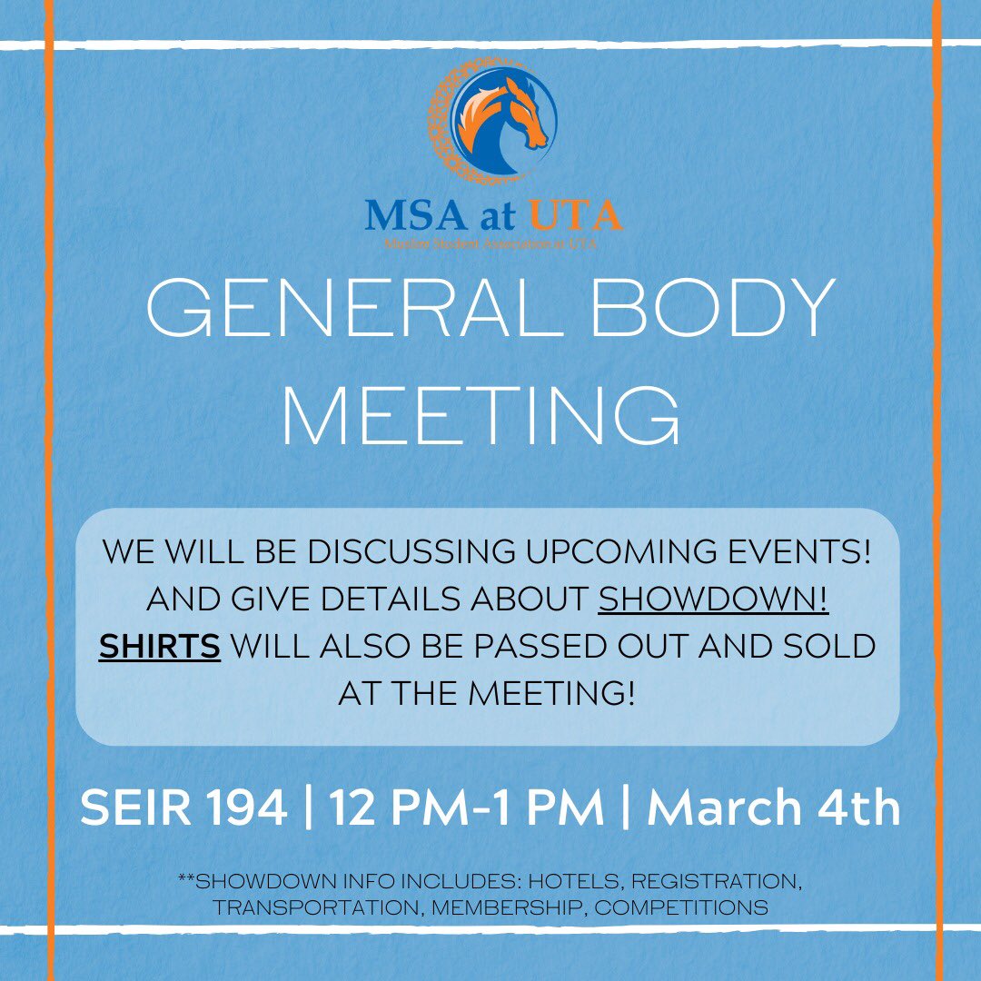 MSAatUTA's tweet photo. Join us tomorrow for our second General Body Meeting of the semester!!! We will be discussing SHOWDOWN and upcoming events! We will also be passing out &amp; selling our new shirts! 🤩🤩 You don’t want to miss out 🗣 
• Wednesday 12-1pm
• SEIR 194 https://t.co/GlWz3f9YR2