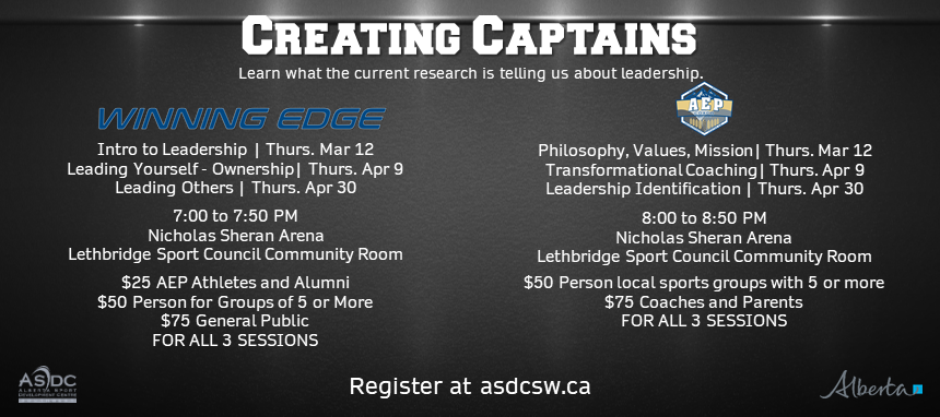 Attention coaches, athletes and parents. ASDC SW has created a leadership program to help identify and develop team leaders. The Creating Captains series focuses on what the latest research is telling us and how to apply the findings. Register at asdcsw.ca