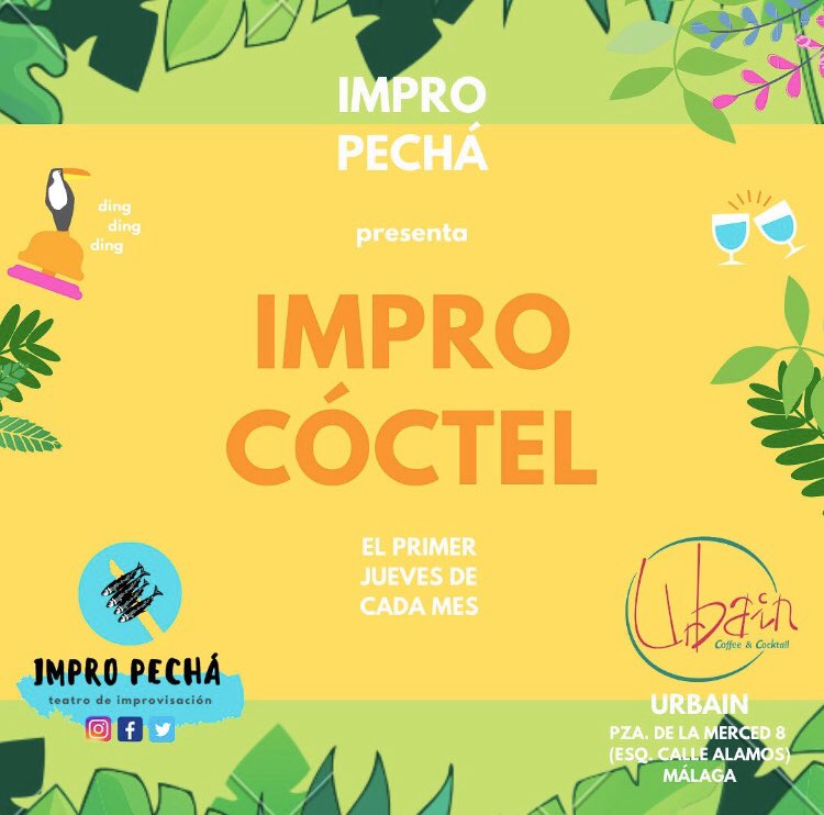 🥳¡¡Impro Cóctel ya está aquí!!🍹.
¡Disfruta de una noche de impro degustando los mejores cócteles de Málaga!.
🗓Jueves 5 de marzo.
⏰20:30.
📍 @urbainmalaga .
📌Plaza Merced 8, esquina con Calle Álamos.
💎Aportación: 3€
💃¡Ven a divertirte con nosotrxs!.
🐟🐟🐟🐟