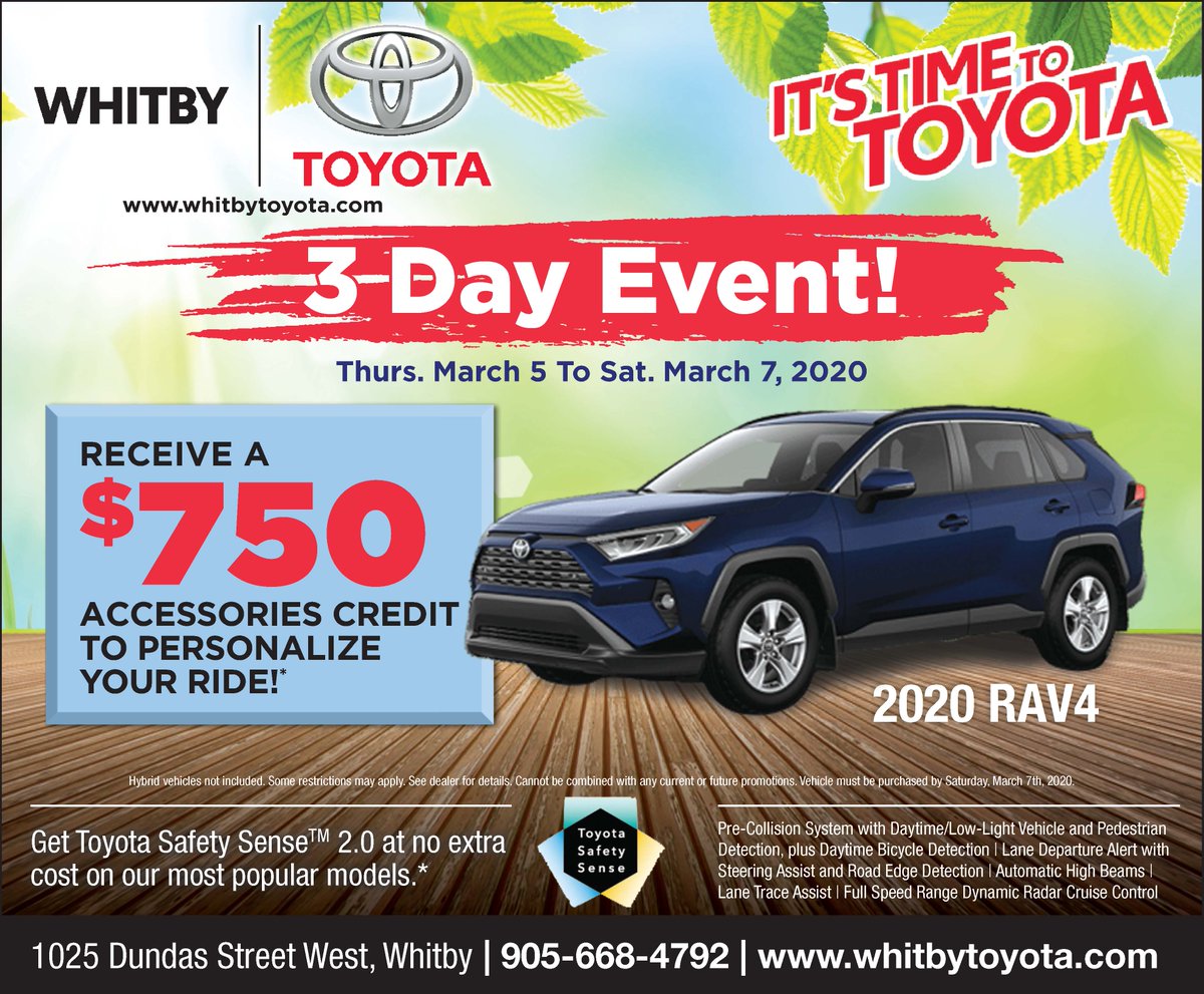 ToyotaWhitby's tweet photo. It's our 3 Day Event at Whitby Toyota. 💥

From March 5th to March 7th, receive a $750 accessories credit to personalize your car! https://t.co/1mtd8GIFa4