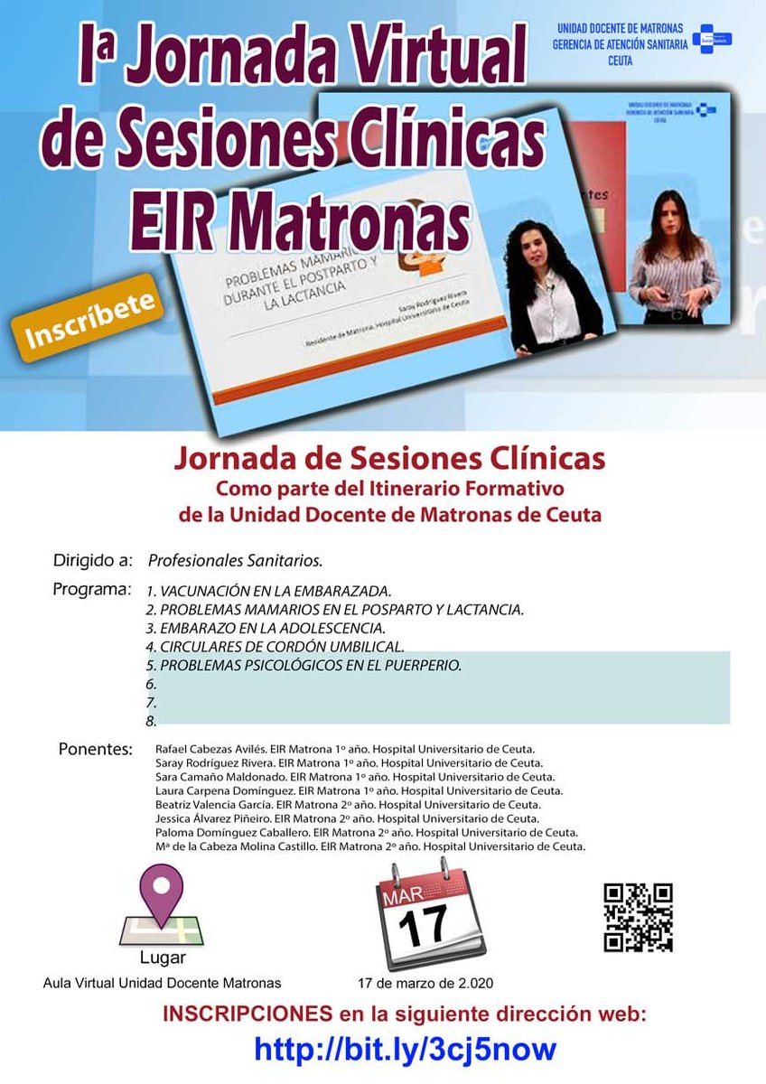 Lady_Magdalya's tweet photo. Cartel definitivo!! Primera jornada virtual de sesiones clínicas por parte de residentes de matrona de la UD de Ceuta. Inscripción gratuita. Os invitamos a participar y difundir información a todos. Habrá chat virtual y foro dudas 24h. Os esperamos!! https://t.co/lSPiSE6pJT https://t.co/obNU2CNgSk