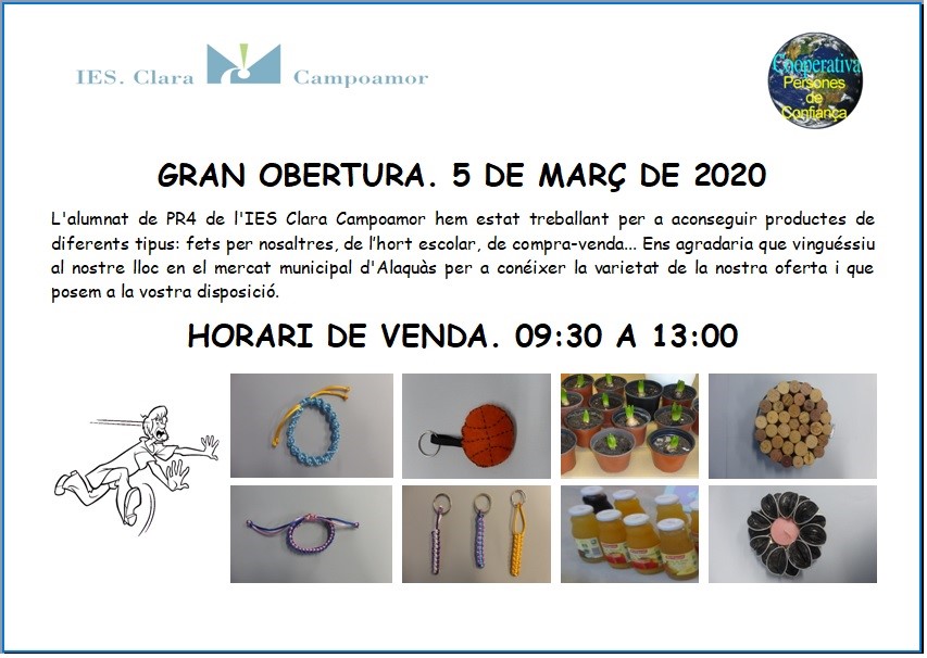 cooperativapdc's tweet photo. @iesccalaquas. @SomAlaquas.  @tonisaura
Cooperativa “Persones de confiança”. Venda dels nostre productes. Dijous 5 de març, de 9.30 a 13.00 al mercat municipal d’Alaquàs. https://t.co/dXtiJPTUcD