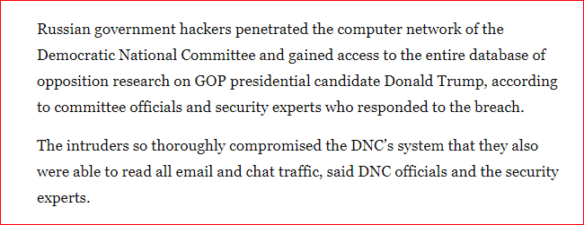 June 14, 2016, Washington Post first reported that the DNC had been hacked by Russian spies, according to the DNC and SECURITY EXPERTS. (meaning Crowdstrike). https://web.archive.org/web/20190815013223/https://www.washingtonpost.com/world/national-security/russian-government-hackers-penetrated-dnc-stole-opposition-research-on-trump/2016/06/14/cf006cb4-316e-11e6-8ff7-7b6c1998b7a0_story.html